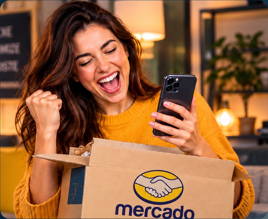 Pessoa feliz conferindo uma oferta no celular ao lado de um pacote